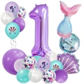 Set palloncini primo compleanno sirena con numero uno viola e palloncini a conchiglia - Numero 1