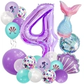 Set di palloncini sirena con numero 4 viola e coda sfumata per festa di 4° compleanno - Numero 4