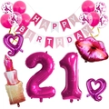 Set decorativo fucsia per 21° compleanno con rossetto, labbra e palloncini a cuore - Set 21° Compleanno Rossetto Labbra