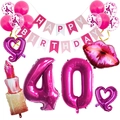 Kit anniversaire 40 ans fuchsia avec ballons rouge à lèvres et lèvres pour femme - Ensemble de 40e Anniversaire Rouge à Lèvres