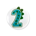Detail van ronde dinosaurus badge met groen cijfer twee voor een verjaardagsfeestje van kind - Cijfer 2 / 58mm