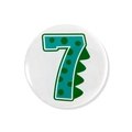 Close-up of a green dinosaur number 7 badge for children's birthday party supplies - Number 7 / 58mm
