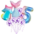 5th birthday mermaid tail balloon set with gradient stars and purple confetti balloons - Number Five Sequin Set