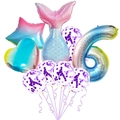 Gradient mermaid tail and number 6 foil balloon set with purple confetti balloons - Number Six Sequin Set
