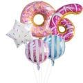 5-piece donut theme balloon set featuring large pink donut and number 6 foil balloons - Number 6 Style / Pack of 5