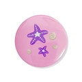 Close-up of a round pink mermaid party badge featuring purple starfish and shell patterns - Pink Starfish Seashell Style (8)