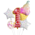 Close-up of 1st birthday balloon set with red number 1 and ice cream cone foil balloons - Donut Number 1 Style