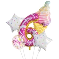 5-piece donut theme balloon set with number 6, ice cream foil, and sequin latex balloon - Donut Number 6 Style