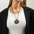 Brown wooden flower pendant with crystal center on long black necklace rope - Reddish Brown Flower Style (0094)