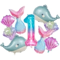Ensemble détaillé de ballons sirène en aluminium avec chiffre 1 dégradé et animaux marins - Thème Océan Sirène (Chiffre 1)