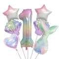 Detail of mermaid themed foil balloon set with rainbow gradient and shell shapes - Number 1 Style