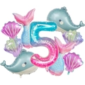 Detail of mermaid theme foil balloon set with blue gradient number 5 and sea animal shapes - Mermaid Ocean Theme (Number 5)