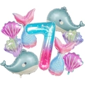 Kit de ballons sirène avec chiffre 7 dégradé, baleines bleues et coquillages colorés - Thème Océan Sirène (Chiffre 7)