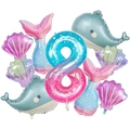 Vue détaillée des ballons en aluminium thème océan avec chiffre 8 dégradé et formes baleine - Thème Océan Sirène (Chiffre 8)