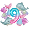 Vue macro d'un lot de 9 ballons sirène en aluminium avec chiffre 9 dégradé et coquillages - Thème Océan Sirène (Chiffre 9)