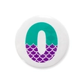 Mermaid birthday tinplate badge with teal and purple fish scale pattern and letter O - 58mm One Size / Number 0 Style