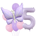 Matte purple butterfly and number 5 foil balloon set with pink latex balloons for parties - Purple Butterfly Number 5 Set