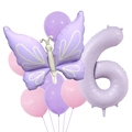 Detail of purple butterfly and number 6 foil balloons set for 6th birthday party decoration - Purple Butterfly Number 6 Set
