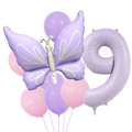 Detail of matte cream purple number 9 and butterfly foil balloons for party decor - Purple Butterfly Number 9 Set