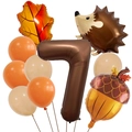 Macro detail of Autumn harvest balloon set with hedgehog maple leaf and large brown number 7 - Number 7 Style