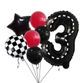 Rennwagen-Thema Ballonset mit großer digitaler 3 und karierten Folienballons - Rennwagen Nummer 3 Ballon-Set