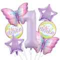 Dettaglio set compleanno viola con farfalla sfumata e palloncino con numero 1 - Numero 1