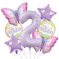 Set 7 palloncini compleanno viola opaco con numero 2 e farfalle sfumate arcobaleno - Numero 2