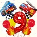 Dettaglio set palloncini pompiere 9 compleanno con lamina fiamma e numero 9 rosso - Tema Vigile del Fuoco 9° Compleanno (Stile 9)