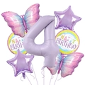 Dettaglio del set di palloncini viola per il 4° compleanno con farfalle e stelle - Numero 4