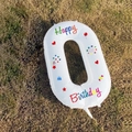 40-inch white number 0 foil balloon with Happy Birthday print and rainbow party patterns - Number 0