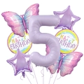 Détail du kit ballons 5e anniversaire violet avec papillons et étoiles en aluminium - Numéro 5