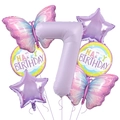 Détail du kit ballons 7ème anniversaire avec papillon mauve et ballons Happy Birthday - Numéro 7