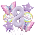 Détail du kit de ballons 8e anniversaire avec papillon, étoiles et ballon chiffre 8 violet - Numéro 8