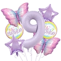 Détail du ballon chiffre 9 violet avec papillons dégradés et kit Happy Birthday - Numéro 9