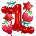 Makroaufnahme 7-teiliges Set Partyballons Erdbeere Kirsche Nummer eins in Rot - Zahlen 1 Set (Set 1)