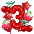 Detail von rotem Nummer 3 Folienballon mit Erdbeeren und Kirschen für Geburtstagsdeko - Zahlen 3 Set (Set 3)
