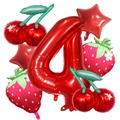 Rote Zahl 4 Luftballon-Set mit Erdbeer- und Kirschfolienballons für Mädchen Geburtstag - Zahlen 4 Set (Set 4)