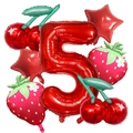 Détails du kit de ballons rouges avec le chiffre 5 et décorations fraise et cerise - Kit Chiffre 5 (Kit 5)