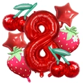 Détail de ballon chiffre 8 rouge avec formes fraise et cerise pour décor de fête - Kit Chiffre 8 (Kit 8)