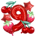 Set de 7 ballons fruits avec chiffre 9, cerise, fraise et étoiles pour décoration de fête - Kit Chiffre 9 (Kit 9)