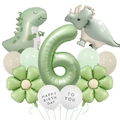 Detail view of jungle dinosaur balloons set with giant number 6 and cute flower accents - Number 6 Style