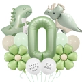 Detail of dinosaur foil balloons and Happy Birthday latex balloons in Morandi green - Number 0 Style