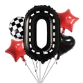 Racing themed balloon set with black digital 0 and checkered flag circle detail - Racing Number 0 Style