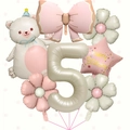 Cream white magic bear balloon set with pink bow and daisy foil balloons for 5th birthday - Number 5 Bear Bow Set