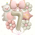 Detail of cream bear and pink bow foil balloons set for girls 7th birthday party decor - Number 7 Bear Bow Set