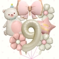 Creamy bear and bow balloon set for 9th birthday party with daisy and star details - Number 9 Bear Bow Set