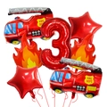 Feuerwehr Luftballon Set mit roten Feuerwehrautos, Flammen und roter Zahlenballon 3 - Feuerwehrwagen, Flamme, Stern, Nummer 3 Ballon-Set