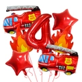 Feuerwehr-Ballonset aus Folie mit Zahl 4 und Flammenmotiven für die Partydekoration - Feuerwehrwagen, Flamme, Stern, Nummer 4 Ballon-Set