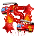 Firefighter theme party balloon set with fire trucks, number 5 and stars for birthday - Fire Truck, Flame, Star, Number 5 Balloon Set