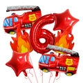 7-piece fire department balloon set with red fire truck shapes and large number 6 foil balloon - Fire Truck, Flame, Star, Number 6 Balloon Set